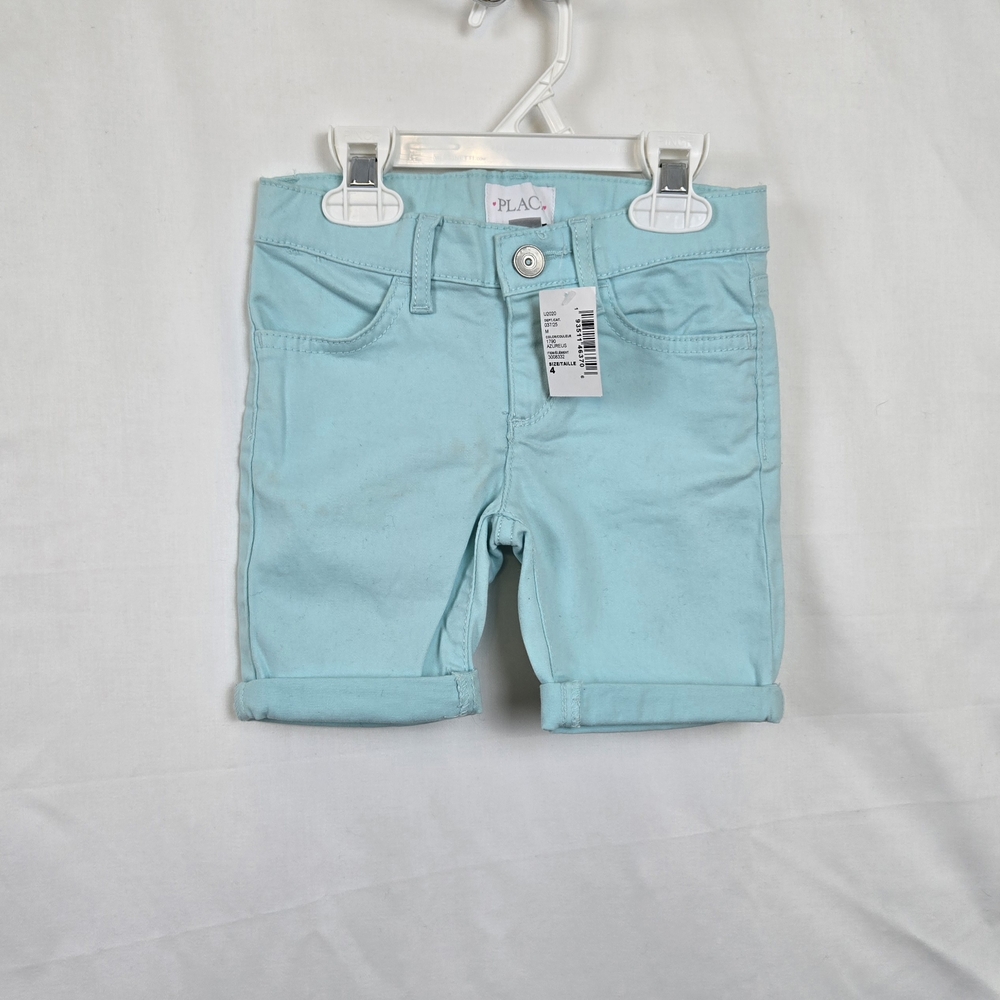 The Children’s Place Girls Aqua Adjustable Waist Roll Cuff Twill Shorts Sz 4 New